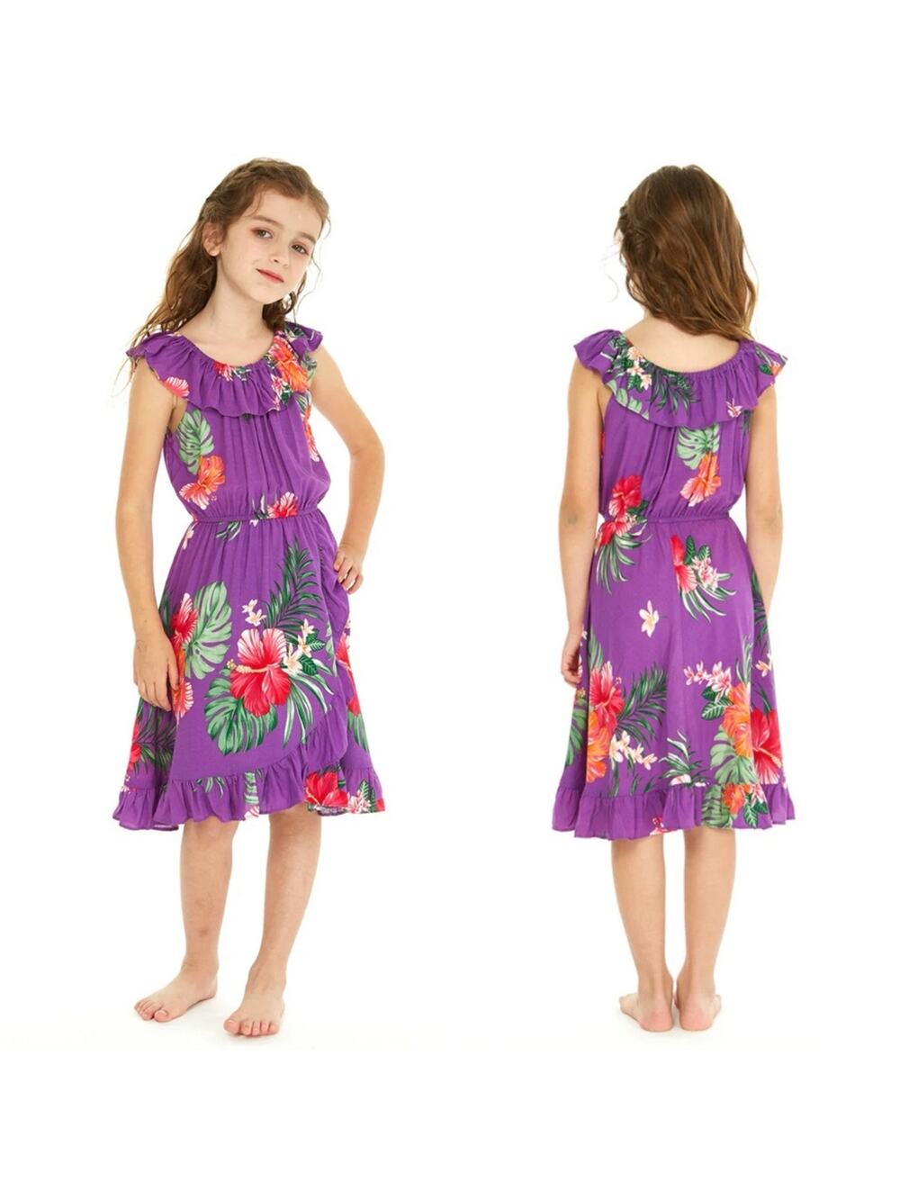 Hawaii Hangover Hibiscus Floral Print Wrap Ruffle Dress Pretty Tropical Purple